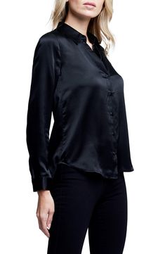 Timeless Silk Shirt For Office, Elegant Silk Shirt With Buttons, Silk Business Blouse For Fall, Elegant Silk Button-up Shirt, Timeless Silk Blouse For Formal Occasions, Classic Silk Blouse With Button Closure, Classic Satin Blouse With Button Cuffs, Silk Button-up Blouse For Night Out, Semi-formal Silk Blouse With Button Closure