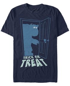 a t - shirt that says trick or treat with a bear peeking out from the door