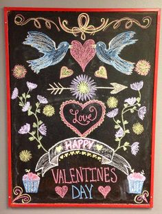 a chalkboard with hearts, flowers and cupcakes on it