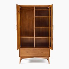 a wooden cabinet with two doors and shelves