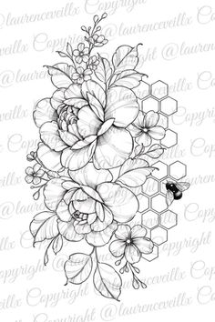 a drawing of flowers and honeycombs on a white background