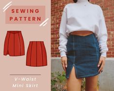 a woman wearing a white shirt and red skirt with the words sewing pattern v - waist mini skirt