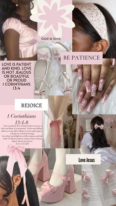 a collage of photos with pink and white designs on them, including the words love is