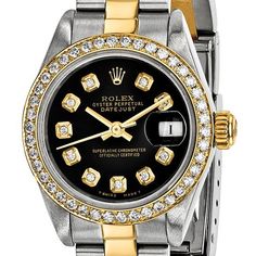 Pre-owned Rolex Steel/18ky Lady Diamond Black Watch Independently Certified Product Details Product Type Watch Watch Type Wrist Material: Primary Stainless Steel Material: Primary - Color White Material: Accents 18K Gold Material: Accent Color 1 Yellow Length of Item 7 in Sold By Unit Each Country of Origin SWITZERLAND Metal Fashion Diamond Weight 0.81 CT Bezel Type Diamond Case Material Stainless Steel Caseback Material Stainless Steel Clasp /Connector Deployment Buckle Crown Type Screw Down Cr Formal Black Diamond Watch, Formal Black Diamond Accented Watch, Formal Black Diamond Watch With Diamond Accents, Formal Black Watches With Diamond Accents, Black Formal Watches With Diamond Accents, Black Watches With Diamond Accents For Formal Occasions, Elegant Gold Diamond Watch With Date Display, Black Diamond Watch For Anniversary, Black Diamond Evening Watch