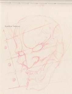 a drawing of a person's head with different angles and lines on the paper