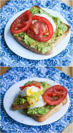 avocado toast with tomatoes and eggs on it is shown in two different views