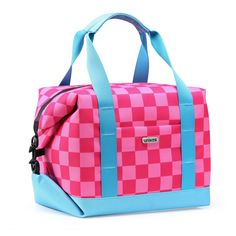 a pink and blue checkered duffel bag on a white background with the handle down