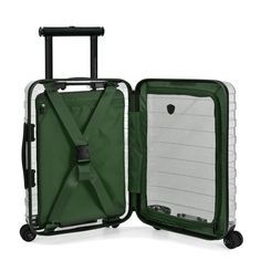 Traveler's Choice's Millennial II Transparent Carry-On luggage serves up both fashion and function by allowing style-conscious travelers to show off their latest travel gear. Versatile enough for any travel adventure, the suitcase’s sleek yet protective hard shell, made from 100% pure polycarbonate materials, ensuring its quality of translucency. The TSA combo lock keeps your belongings safely tucked away, while the 360-degree Cyclone Spinner Wheels allow for optimal mobility and maneuverability. Practical Green Luggage With Sleeve, Practical Portable Cases For Travel, Practical Green Luggage For Travel, Practical Green Travel Luggage, Portable Practical Travel Cases, Functional Green Travel Luggage, Practical Portable Travel Cases, Rectangular Protective Travel Case, Functional Green Luggage For Trip