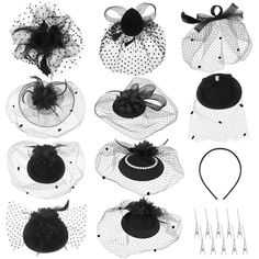 PRICES MAY VARY. 【What You Get】You will receive 10 sets hair clips for fascinator hats,including 10 pcs hairbands.Each style is independent packaging. 【Premium Quality Materials】Our fascinator hats are crafted from a blend of mesh, organza, and feather.Some styles will be decorated with pearl decoration, which is more elegant and noble.This high-quality blend ensures durability and comfortable wearing experience while offering a stylish and chic look. 【Clip Design】This black fascinator hats for Adjustable Wedding Headband Costume Accessory, Elegant Mini Hat Headband For Costume Party, Elegant Mini Hat With Headband For Costume Party, Adjustable Black Hair Accessories For Spring, Elegant Black Mini Hats As Gifts, Party Adjustable Hats With Matching Headband, Adjustable Party Hats With Matching Headband, Adjustable Party Hat With Matching Headband, Adjustable Hat Hair Accessory For Party