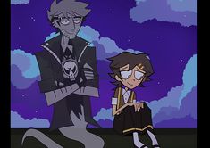 two cartoon characters standing next to each other in front of a purple sky with clouds