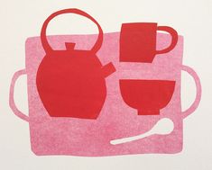 a red teapot and cup on a pink placemat with a white wall in the background