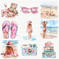 watercolor illustrations of beach items including pink flip flops, sunglasses and hat on white background