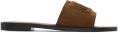 Calfskin suede slip-on flat sandals in brown. · Open toe · Cutouts and logo embossed at vamp · Logo embossed at padded calfskin footbed · Stacked leather heel with rubber injection · Calfskin sole Supplier color: Cammello Luxury Brown Sandals With Brass Buckle, Brown Suede Slip-on Footbed Sandals, Luxury Brown Slip-on Sandals, Dolce And Gabbana Slides, Rugged Brown Slip-on Sandals, Flat Sandals, Leather Heels, Women's Shoes Sandals, Calf Skin