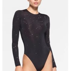 Swarovski & Skims Jelly Sheer Embellished Long Sleeve Bodysuit. New With Original Box Packaging. Xxs Sold Out Fitted Embellished Evening Bodysuit, Elegant Embellished Fitted Bodysuit, Embellished Fitted Bodysuit For Night Out, Embellished Stretch Bodysuit For Evening, Embellished Bodysuit, Long Sleeve Bodysuit, Box Packaging, Jelly, Onyx