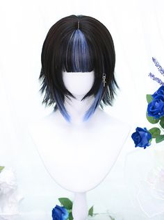 Cute Wigs Short, Cute Short Wigs For Black Women, Japanese Hair Piece, Black And Colored Hair Short, Short Hair Tied Back, Blue And Black Short Hair, Blue And Black Hair Short, Lolíta Hairstyle, Black Hair Combos