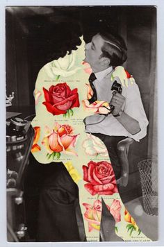 an old photo of a man kissing a woman with roses all over his body and legs