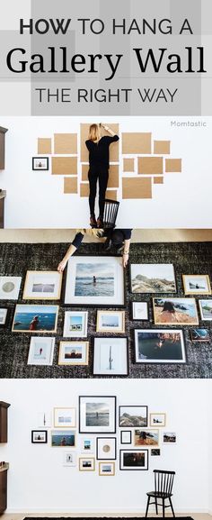 a woman standing on top of a table next to a wall covered in pictures and photos