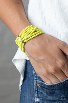 Held together by a dainty silver fitting, a vibrant collection of Green Sheen beads are threaded along stretchy bands around the wrist, creating colorful layers. Yellow Bracelet, Rose Gold Beads, Jewelry Images, Paparazzi Accessories, Blue Gems, Layered Bracelets, Paparazzi Jewelry, Inspired Outfits, Love Is Free