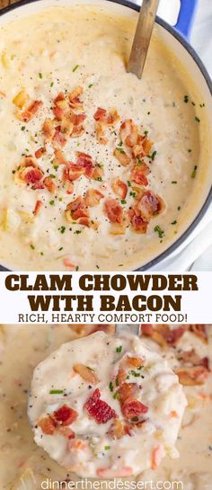 two pictures of clam chowder with bacon in a bowl