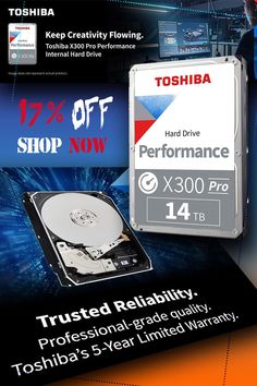 an advertisement for toshiba's new hard drive, which is now available in stores