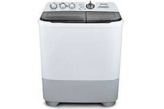 the top loading washing machine is white and has grey trimmings on it's sides