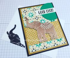 an elephant card with the words good luck on it and a cut out elephant next to it