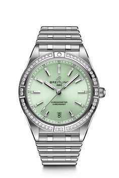 Breitling Chronomat 36 with Diamond Bezel and Green Dial in Steel - A10380591L1A1 Ladies Bracelet Watch, Breitling Chronomat, Green Watch, Breitling Watches, Breitling Navitimer, Sport Chic, Green Diamond, Omega Seamaster, Bezel Diamond