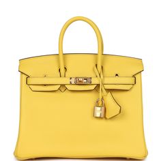 This Birkin is in Jaune de Naples togo leather with gold hardware and has tonal stitching, front flap, two straps with center toggle closure, clochette with lock and two keys, and double rolled handles.The interior is lined with Jaune de Naples chevre and has a zip pocket with an Hermes engraved zipper pull and an open pocket on the opposite side.Collection: DOrigin: FranceCondition: Never worn - (plastic on hardware)- one small red mark on bottom base of bag near corner.Accompanied by: Hermes box, Hermes dustbag, clochette, lock, two keys, clochette dustbag, rainhat, carebook and feltMeasurements: 10" width x 7.5" height x 4.75" depth; 2.75" handle drop Yellow Birkin Bag, Gold Epsom Leather Bag With Turn-lock Closure, Gold Epsom Leather Bag With Lock, Gold Leather Bag With Lock, Hermes Birkin 25, Hermes Birkin 30, Hermes Box, Togo Leather, Kelly Bag