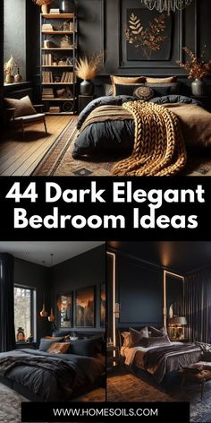 four dark bedroom decor ideas with text overlay