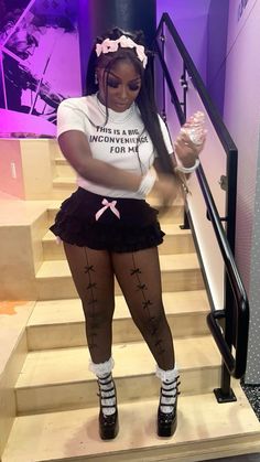 #blackgirlfashion #blackgirloutfits Outfits With Tights Black Women, Cute Lace Outfits, Bloomer Shorts Outfit Black Women, 21 Birthday Outfit Black Woman, Senior First Day Of School Outfit Black, School Girly Outfit, Bow Aesthetic Outfit, Ribbons Galore Outfit, Birthday Club Outfits Black Women