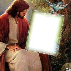 jesus holding up a white sheet with a bird flying above it and an image of the dove