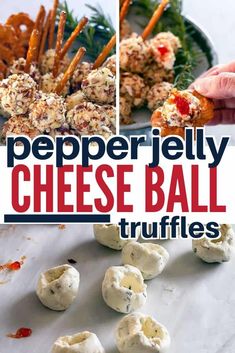 there is a plate of cheese ball truffles with the words pepper jelly cheese ball truffles on it