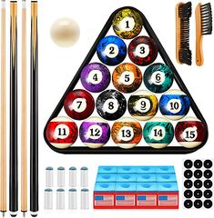 billiards pool game set with cues, balls and cues in triangle shape