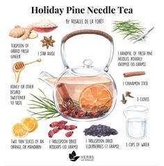 the holiday pine needle tea recipe is shown with orange slices, cinnamons and spices