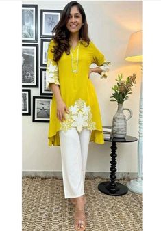 Dress For Haldi Function, Cotton Thread Embroidery, Pant Details, Cotton Tops Designs, Co Ords Outfits, Sets Outfit, Silk Pant, Cord Set, Kurti Designs Latest