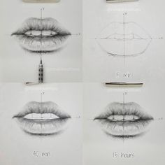 four different stages of drawing lips with pencils