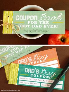 two coupons for father's day are next to an apple and cup of coffee