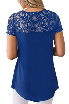 Blue Floral Lace Summer Short Sleeve Blouse Blue Non-stretch Short Sleeve Top, Blue Casual Lace Top, Casual Blue Lace Top, Blouse Lace, Elegant Blouses, Lace Short, Fashion Blouse Design, Blouse Online, Designer Shorts