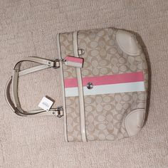 Nwt. Coach Chelsea Heritage F14477 Signature Shoulder Handbag. Light Khaki Color With White And Pink Stripe. Pink Stripe Isore Muted Than The Pictures Show. Light Pink Lining. Pink Satchel With Double Leather Handles, Pink Double Handle Satchel With Leather Handles, Pink Top Handle Coach Shoulder Bag, Pink Satchel With Leather Handles For Shopping, Pink Shoulder Bag With Dust Bag For Travel, Pink Coach Satchel With Handles, Pink Rectangular Coach Satchel, Pink Satchel With Branded Hardware, Pink Leather Handle Tote Satchel