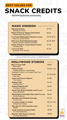 the menu for snack credits at hollywood studios