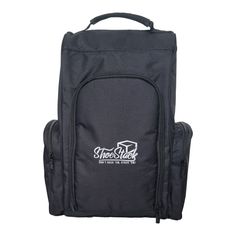 a black backpack with the logo on it