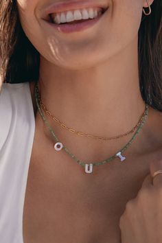 Fluent in french <3 Adjustable Green Beaded Necklaces With Letter Beads, Adjustable Green Beaded Necklace With Letter Beads, Green Charm Necklace With Adjustable Chain, Everyday Green Beaded Necklaces, Everyday Green Beaded Chain Necklace, Adjustable Green Charm Necklace, Everyday Green Necklaces With Tiny Beads, Green Necklaces With Tiny Beads For Everyday Wear, Green Letter Beads Necklace