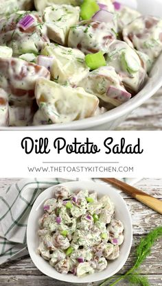 potato salad in a white bowl on top of a wooden table with text overlay