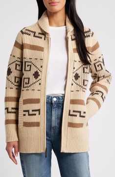 Evoke the warmth of a crackling fire in this long wool cardi crafted with a layer-perfect front zip and an eye-catching pattern. Front zip closure Shawl collar Long sleeves Side-slant pockets 100% wool Dry clean Imported Big Lebowski Costume, Pendleton Clothing, Cute Things To Wear, Pendleton Sweater, Pendleton Woolen Mills, Big Lebowski, The Big Lebowski, Wool Clothing, Great Outfits