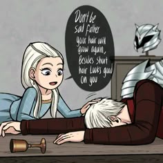 a woman laying on top of a table next to a man with white hair and armor