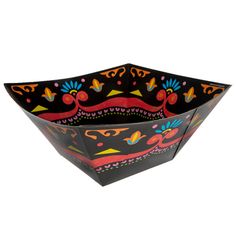 a black bowl with colorful designs on it