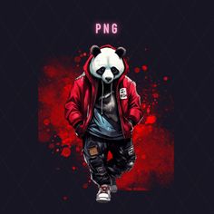 a panda bear wearing a red hoodie and black sweatpants with the word png on it