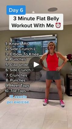 a woman standing in front of a couch with her hands on her hips and the words, 3 minute flat belly workout with me