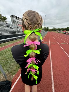 Fun Soccer Hairstyles, Cheer Hairstyles, Soccer Hairstyles, Soccer Hair, Cheerleading Bow, Cheerleading Hairstyles, Cheer Hair, Neon Hair, Bow Hairstyle