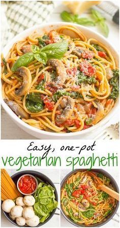 easy one - pot vegetarian spaghetti with spinach and mushrooms